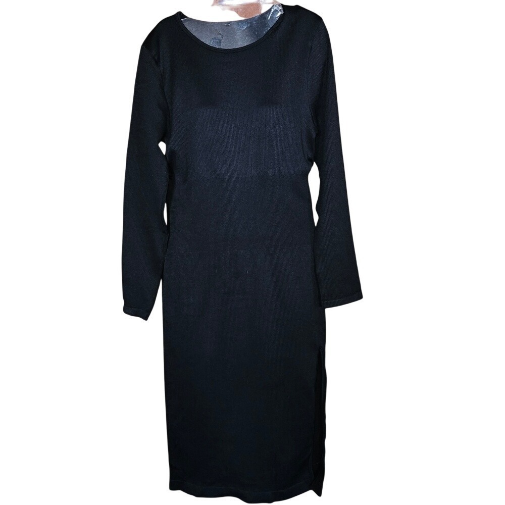 OQQ Black Ribbed Bodycon Mini Dress Long Sleeve Crew Neck Slit XL NWT